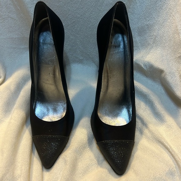Stuart Weitzman black satin with glitter on toe and  3.75” heel. Size 7. - Picture 1 of 7